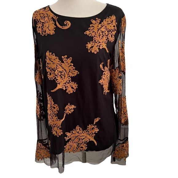 Sundance Boho Black + Gold Sheer Embroidered and Beaded Long Sleeve Top Small - Picture 1 of 7